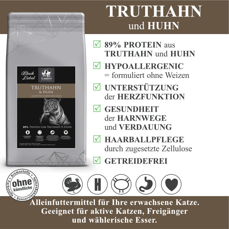 Produktvorteile von Lamers Black Label Katzentrockenfutter Truthahn und Huhn für erwachsene Katzen