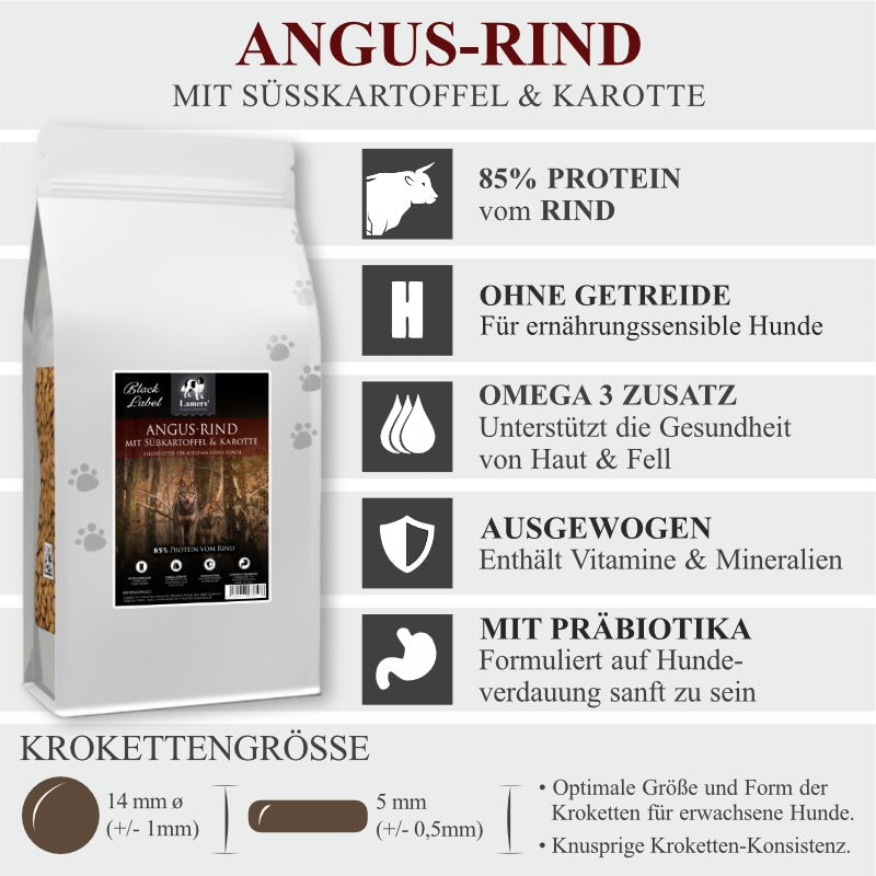 Produktvorteile von Lamers Black Label Angus Rind Süßkartoffel Karotte getreidefreies Hundefutter