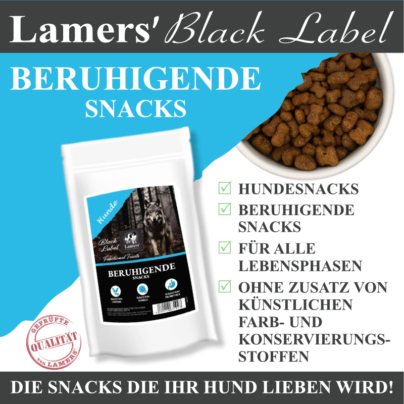 Lamers Black Label beruhigende Snacks für Hunde: Beutel und Snacks mit Produktvorteilen