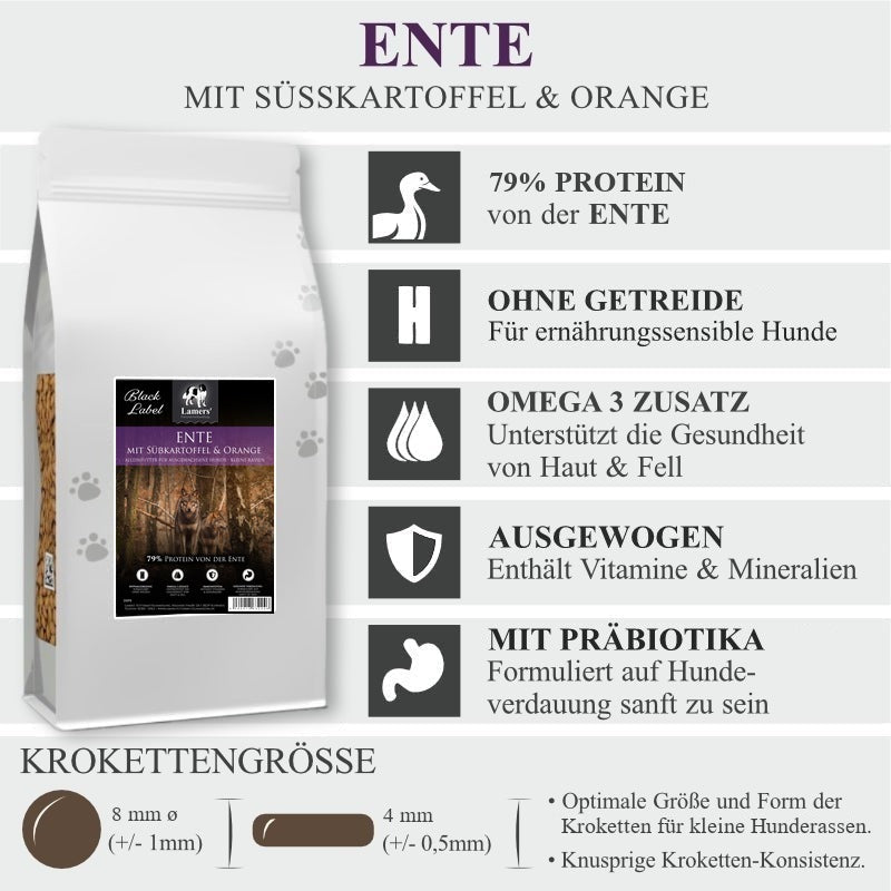 Produktvorteile und Krokettengröße (8 mm) von Lamers Black Label Mini Ente Süßkartoffel Orange getreidefreies Hundefutter für kleine Hunde