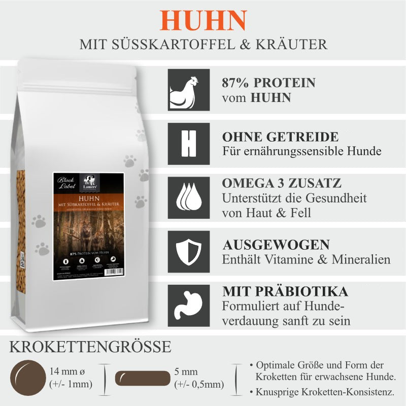 Lamers Black Label Huhn Süßkartoffel Kräuter Hundefutter Produktvorteile getreidefreies Premium Trockenfutter für Hunde