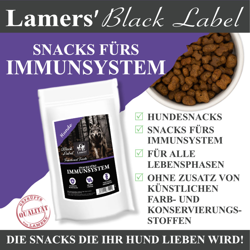 Lamers Black Label Snacks fürs Immunsystem für Hunde: Beutel und Snacks mit Produktvorteilen