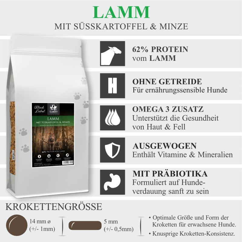 Produktvorteile von Lamers Black Label Lamm Süßkartoffel Minze getreidefreies Premium Hundefutter