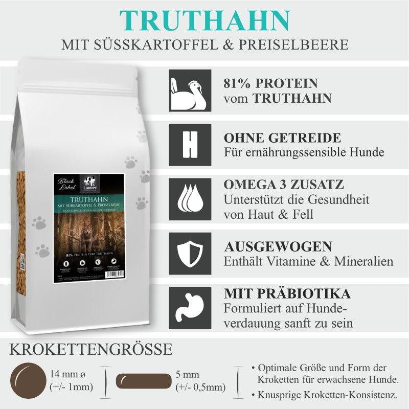 Produktvorteile von Lamers Black Label Light Truthahn Süßkartoffel Preiselbeere getreidefreies Premium Hundefutter