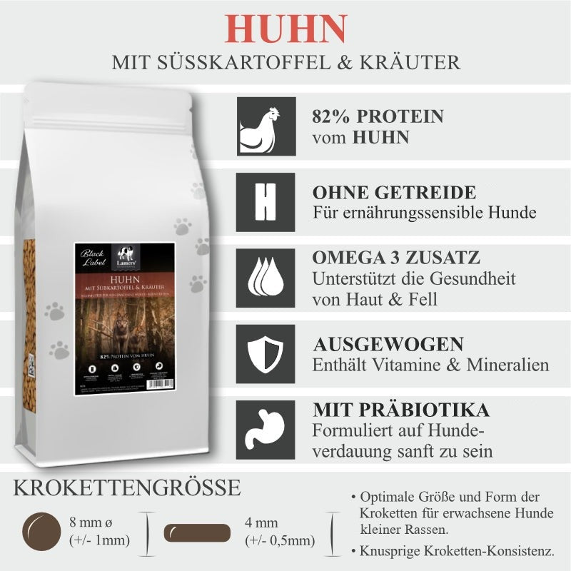 Produktvorteile von Lamers Black Label Mini Huhn Süßkartoffel Kräuter getreidefreies Hundefutter für kleine Hunde