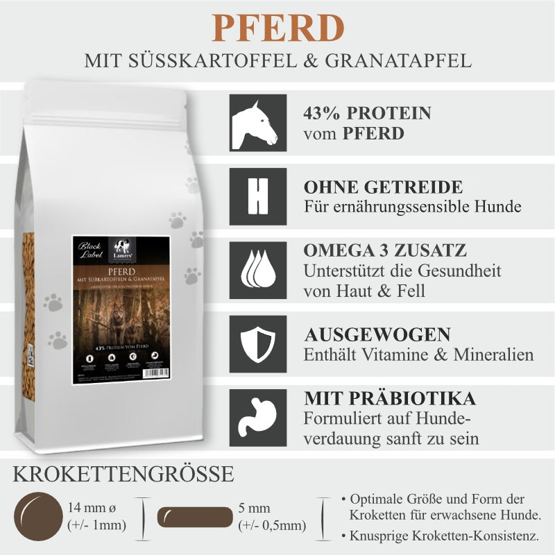 Produktvorteile von Lamers Black Label Pferd Süßkartoffel Granatapfel getreidefreies Hundefutter