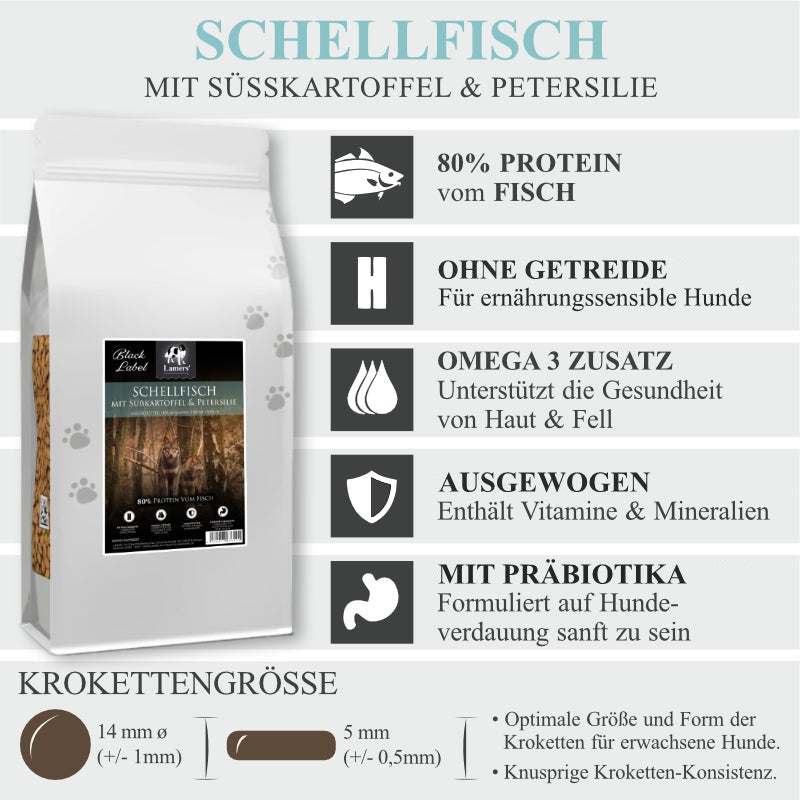 Produktvorteile von Lamers Black Label Schellfisch Süßkartoffel Petersilie getreidefreies Premium Hundefutter