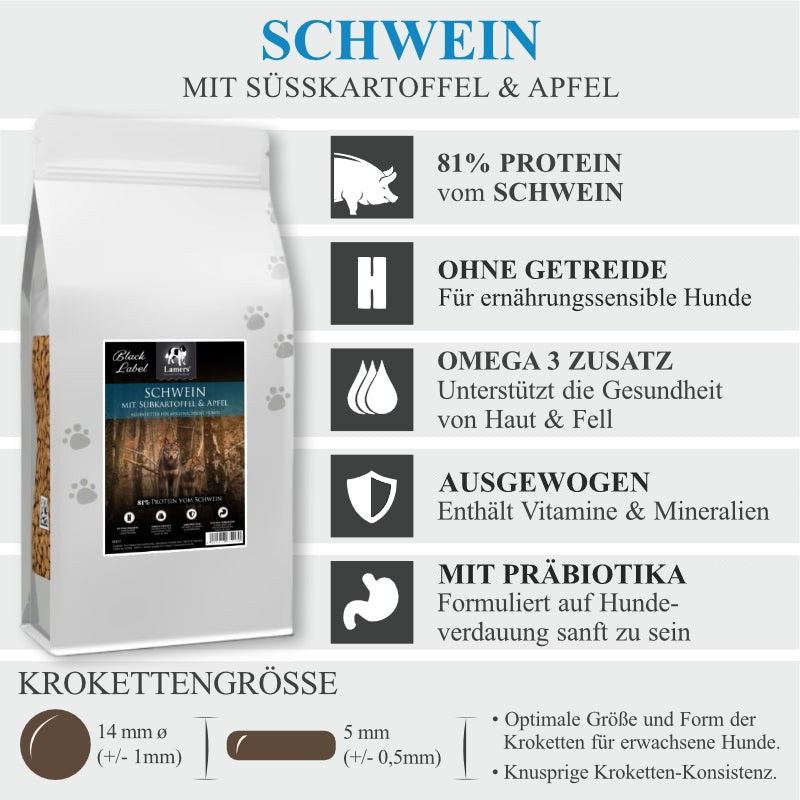 Produktvorteile von Lamers Black Label Schwein Süßkartoffel Apfel getreidefreies Premium Hundefutter
