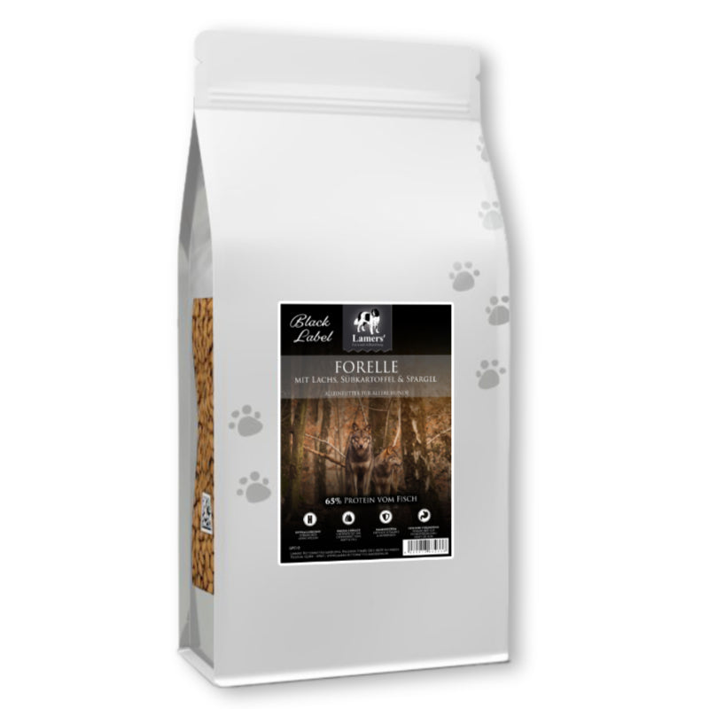 Lamers Black Label Senior Forelle mit Lachs Süßkartoffel Kräuter Spargel getreidefreies Premium Hundefutter für ältere Hunde