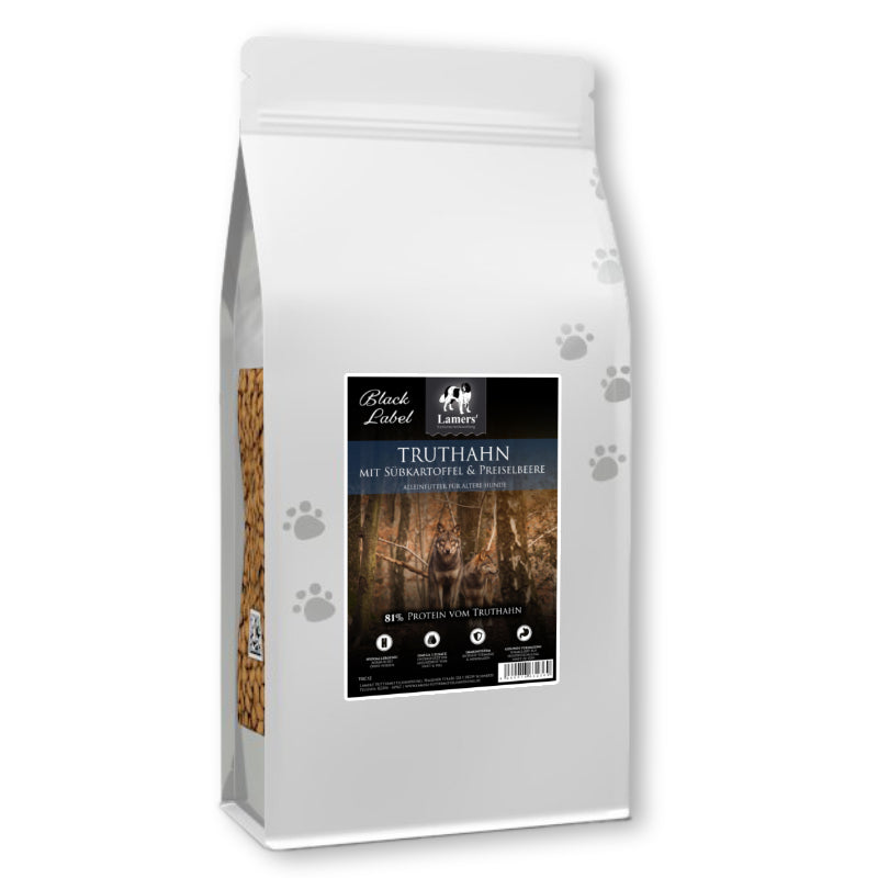 Lamers Black Label Senior Truthahn Süßkartoffel Preiselbeere getreidefreies Premium Hundefutter für ältere Hunde