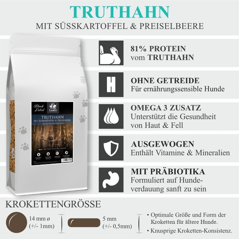 Produktvorteile von Lamers Black Label Senior Truthahn Süßkartoffel Preiselbeere getreidefreies Hundefutter