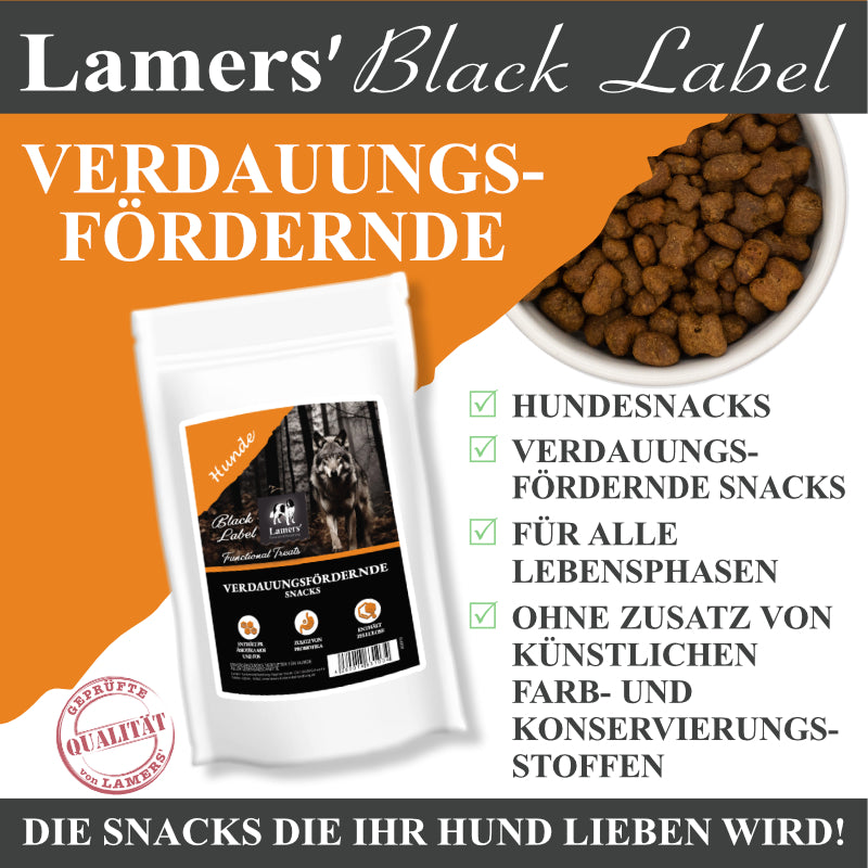 Lamers Black Label verdauungsfördernde Snacks für Hunde: Beutel und Snacks mit Produktvorteilen