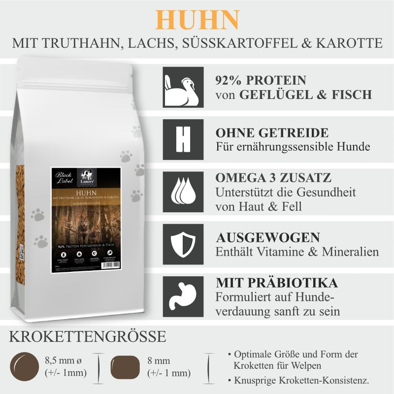 Produktvorteile von Lamers Black Label Welpenfutter Huhn Truthahn Lachs Süßkartoffel Karotte getreidefreies Hundefutter