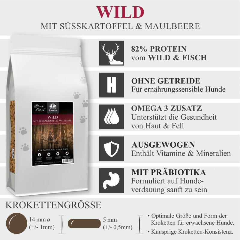 Produktvorteile von Lamers Black Label Wild Süßkartoffel Maulbeere getreidefreies Hundefutter