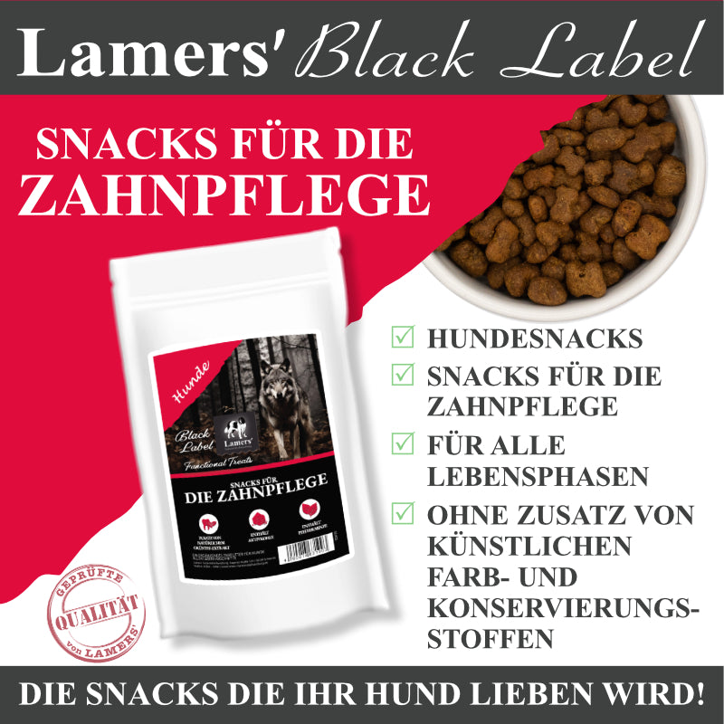 Lamers Black Label Snacks für die Zahnpflege für Hunde: Beutel und Snacks mit Produktvorteilen