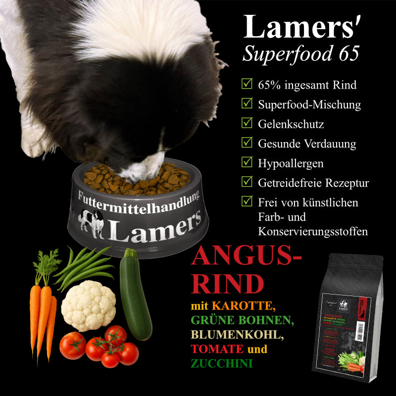 Lamers Superfood 65 Hundefutter mit Angus Rind – Premium Trockenfutter mit hohem Fleischanteil für Hunde