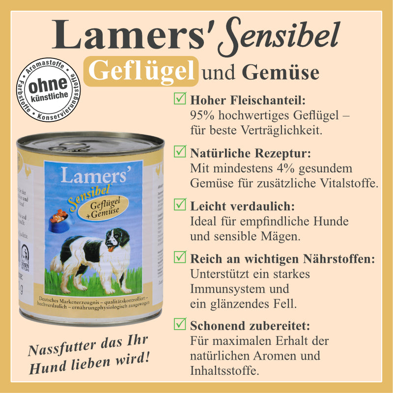 Hundenassfutter mit 95 Prozent Geflügelfleisch und Gemüse für sensible Hunde
