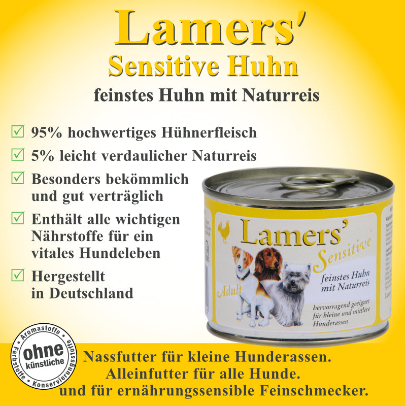 Hundenassfutter mit 95 Prozent Hühnerfleisch und Naturreis für sensible Hunde