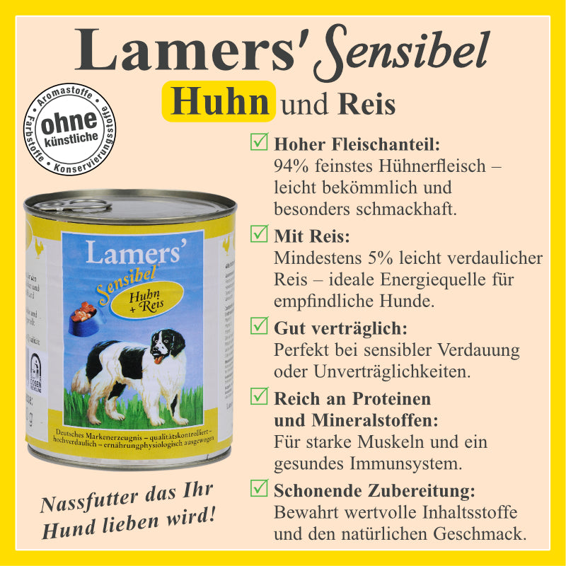 Hundenassfutter mit 94 Prozent Hühnerfleisch und Reis für sensible Hunde