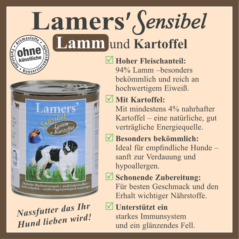 Hundenassfutter mit 94 Prozent Lammfleisch und Kartoffel für sensible Hunde