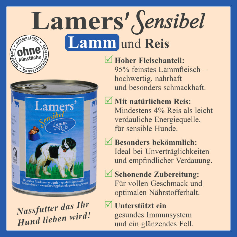 Hundenassfutter mit 95 Prozent Lammfleisch und Reis für sensible Hunde