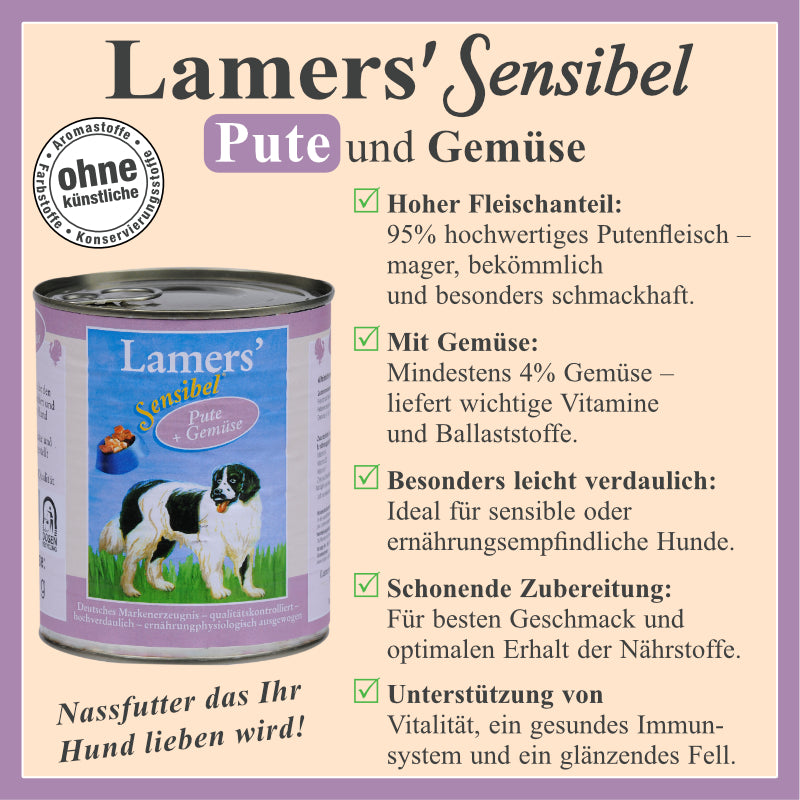 Hundenassfutter mit 95 Prozent Putenfleisch und Gemüse für sensible Hunde