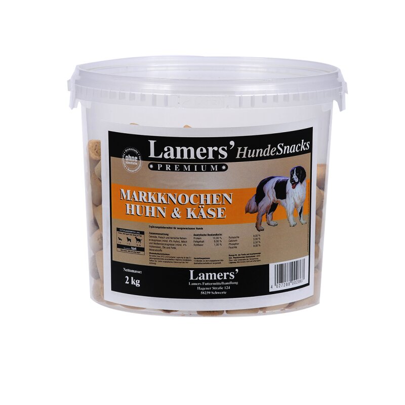 Lamers Markknochen Huhn und Käse 2 kg, transparenter Eimer mit braunem Etikett und Hundemotiv, gefüllt mit Hundesnacks.