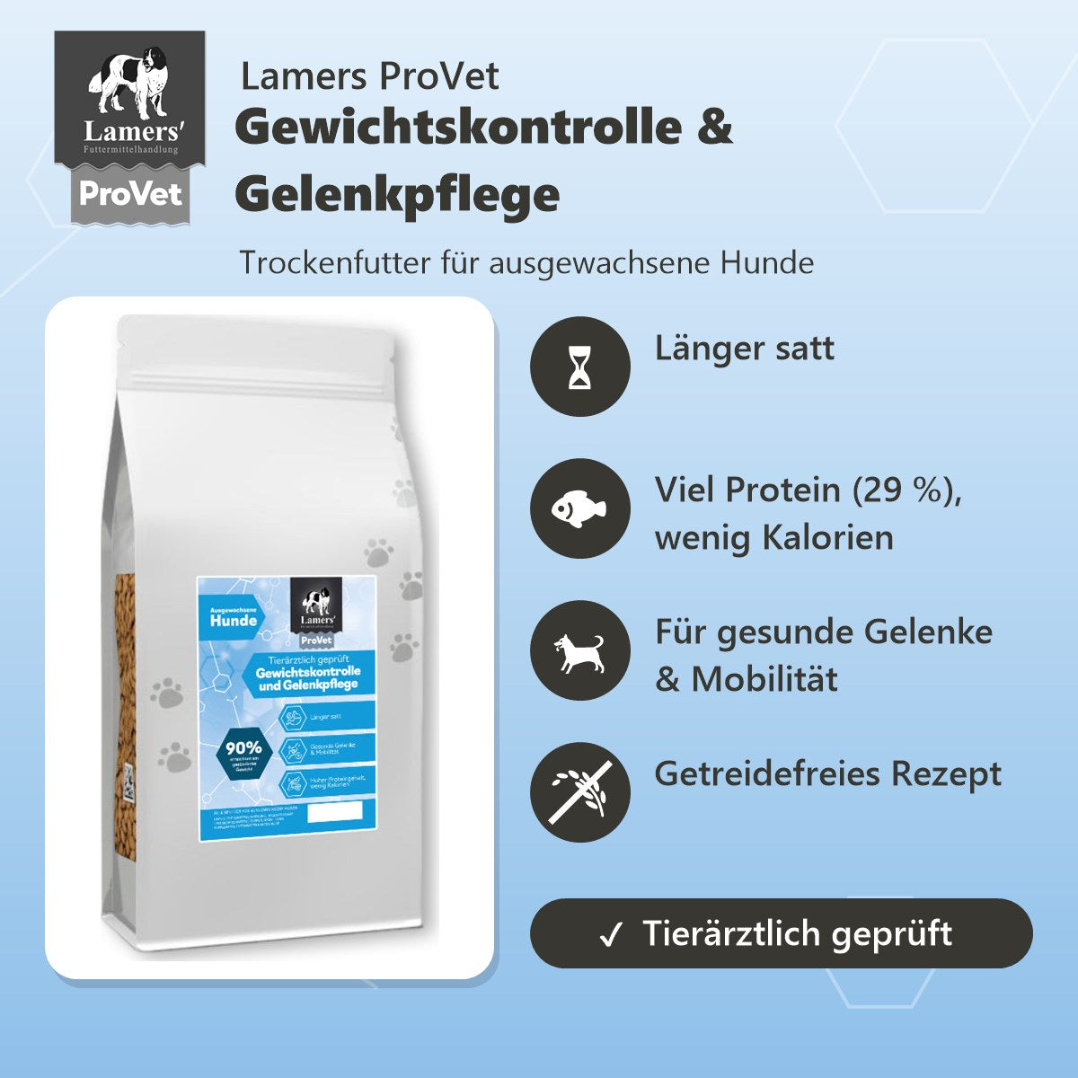 Lamers ProVet Gewichtskontrolle & Gelenkpflege für ausgewachsene Hunde: Länger satt, viel Protein (29 %) und wenig Kalorien, für gesunde Gelenke & Mobilität, getreidefreies Rezept