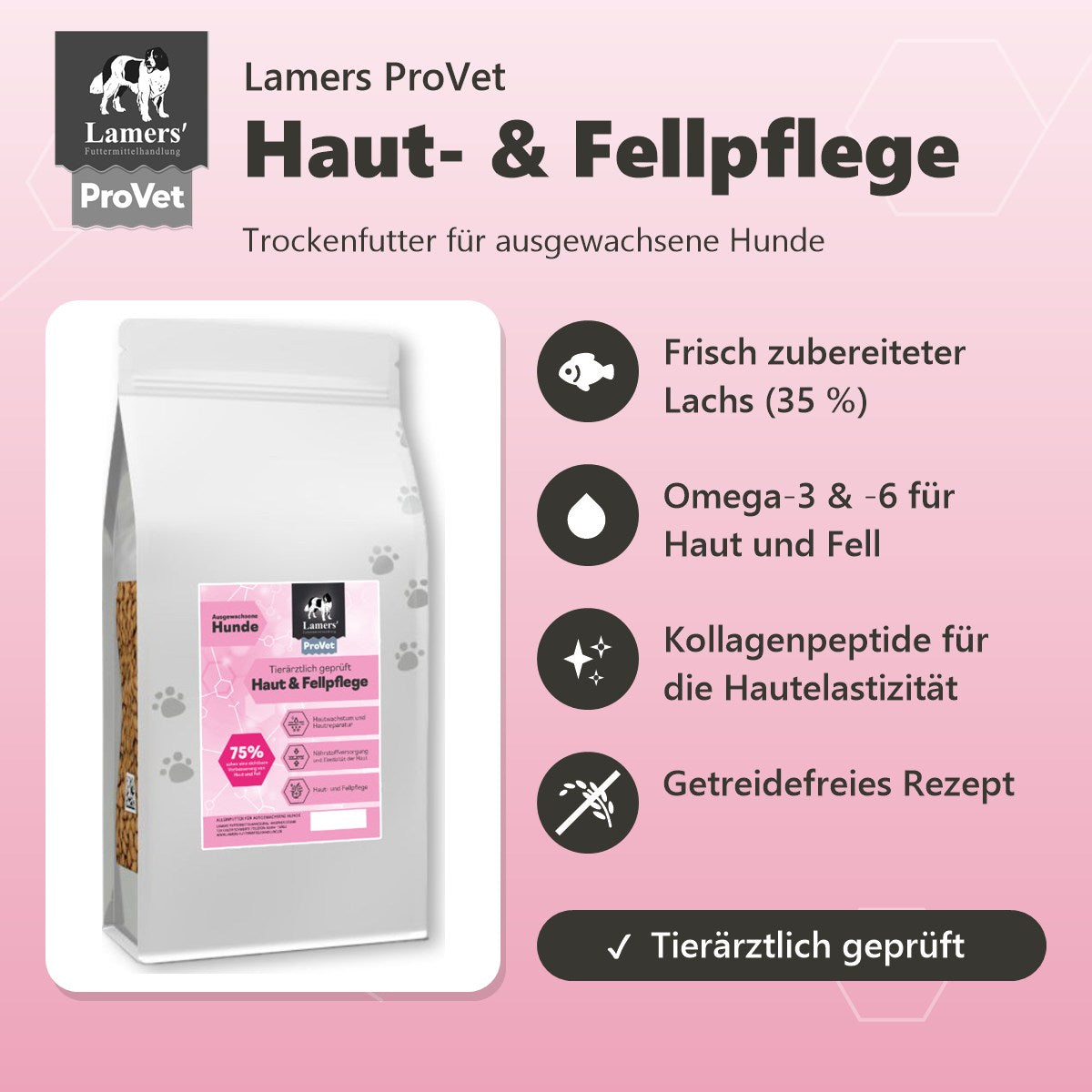Lamers ProVet Haut- & Fellpflege für ausgewachsene Hunde: Frisch zubereiteter Lachs (35 %), Omega-3 & -6 für Haut und Fell, Kollagenpeptide für die Hautelastizität, getreidefreies Rezept