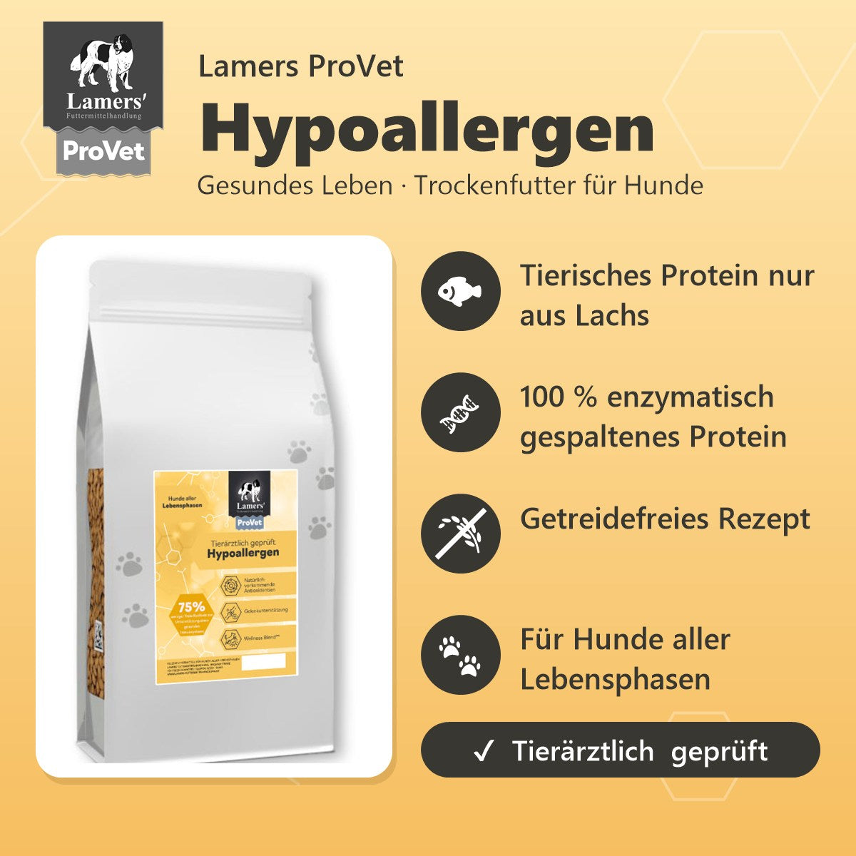Lamers ProVet Hypoallergen: Tierisches Protein nur aus Lachs, 100 % enzymatisch gespaltenes Protein, getreidefreies Rezept, für Hunde aller Lebensphasen
