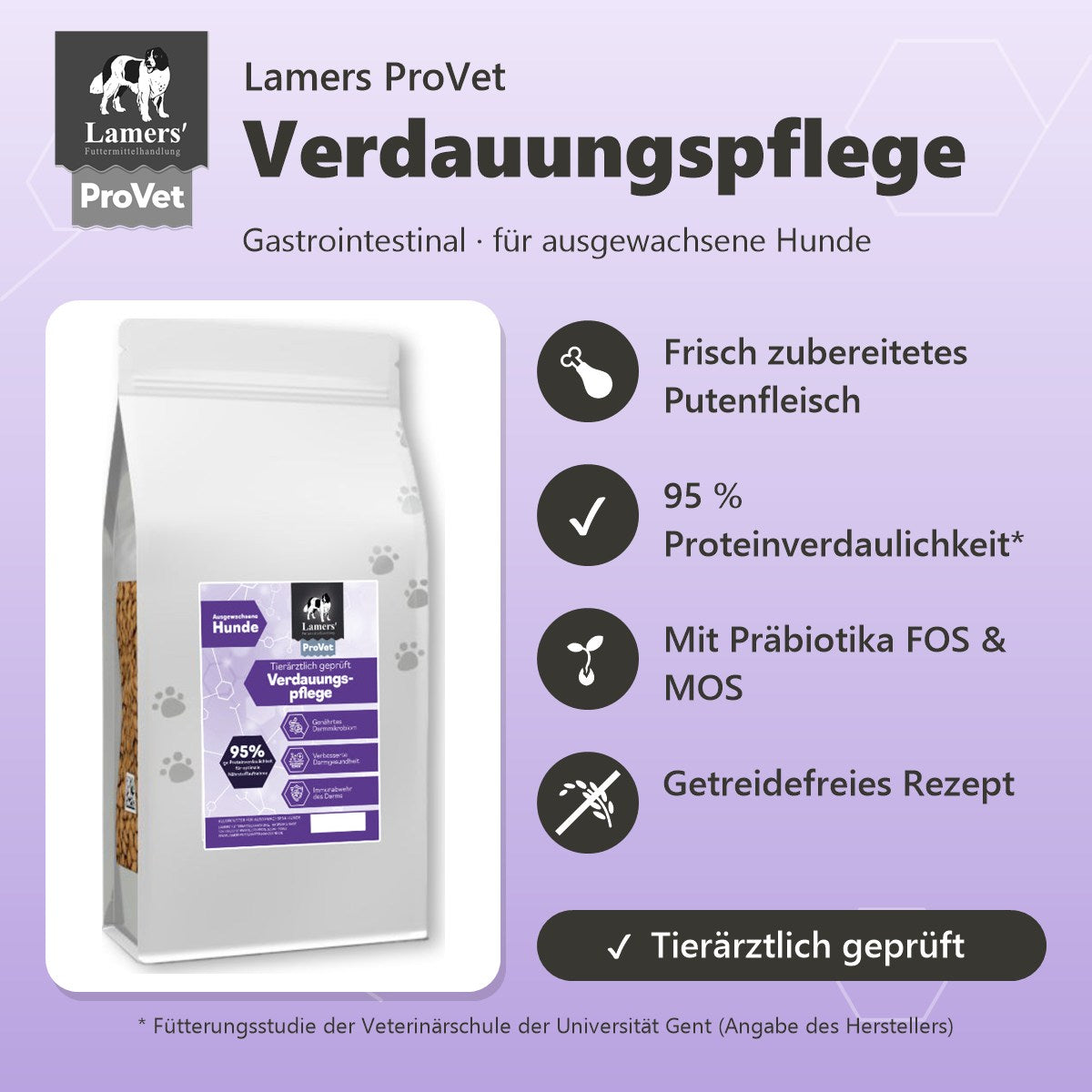Lamers ProVet Verdauungspflege für ausgewachsene Hunde: Frisch zubereitetes Putenfleisch, 95 % Proteinverdaulichkeit, mit Präbiotika FOS & MOS, getreidefreies Rezept