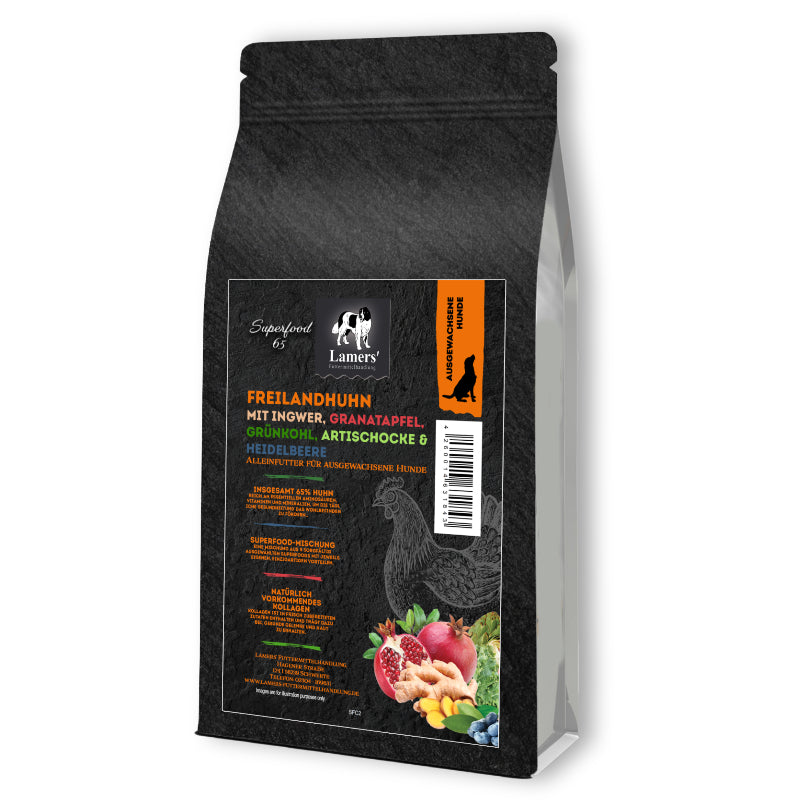 Hundefutter mit Freilandhuhn von Lamers – Superfood 65 getreidefreies Trockenfutter mit 65% Fleischanteil