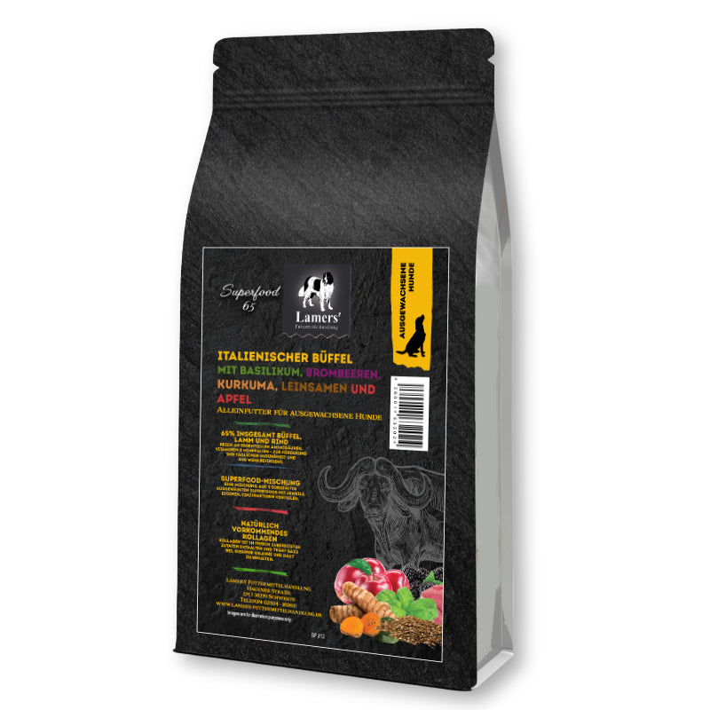 Hundefutter mit italienischem Büffel von Lamers – Superfood 65 getreidefreies Trockenfutter mit 65% Fleischanteil