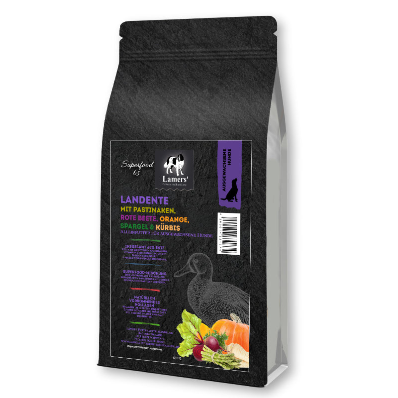 Hundefutter mit Landente von Lamers – Superfood 65 getreidefreies Trockenfutter mit 65% Fleischanteil