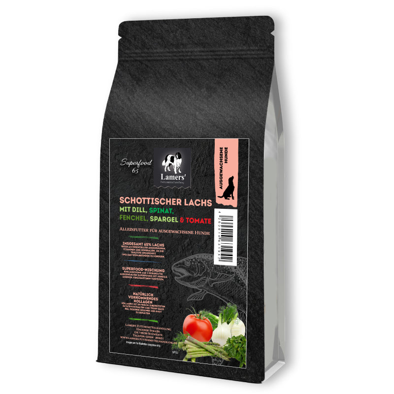 Hundefutter mit schottischem Lachs von Lamers – Superfood 65 getreidefreies Trockenfutter mit 65% Fischanteil