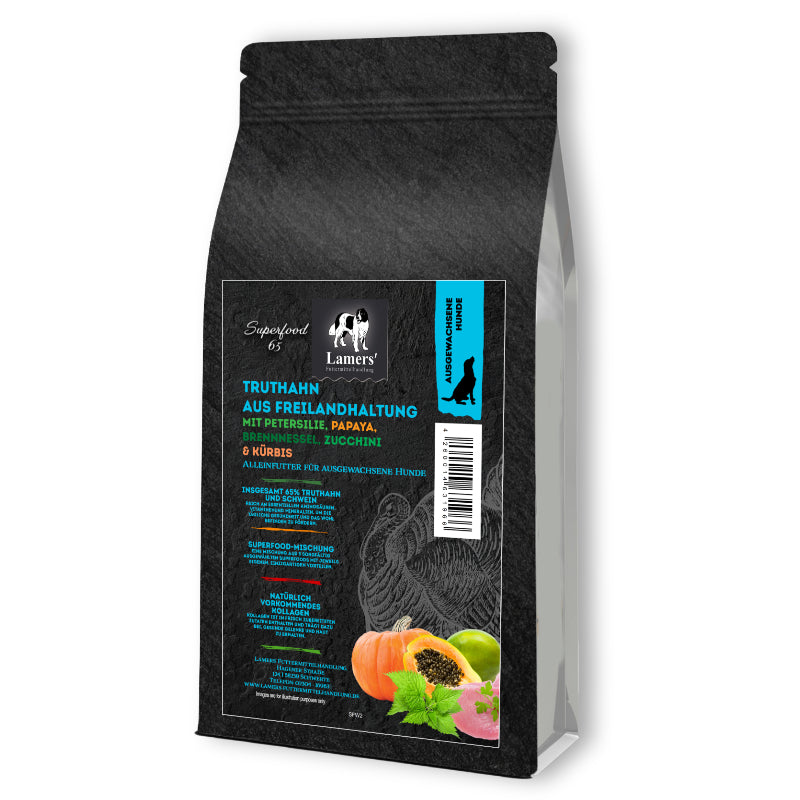 Hundefutter mit Truthahn aus Freilandhaltung von Lamers – Superfood 65 getreidefreies Trockenfutter mit 65% Fleischanteil