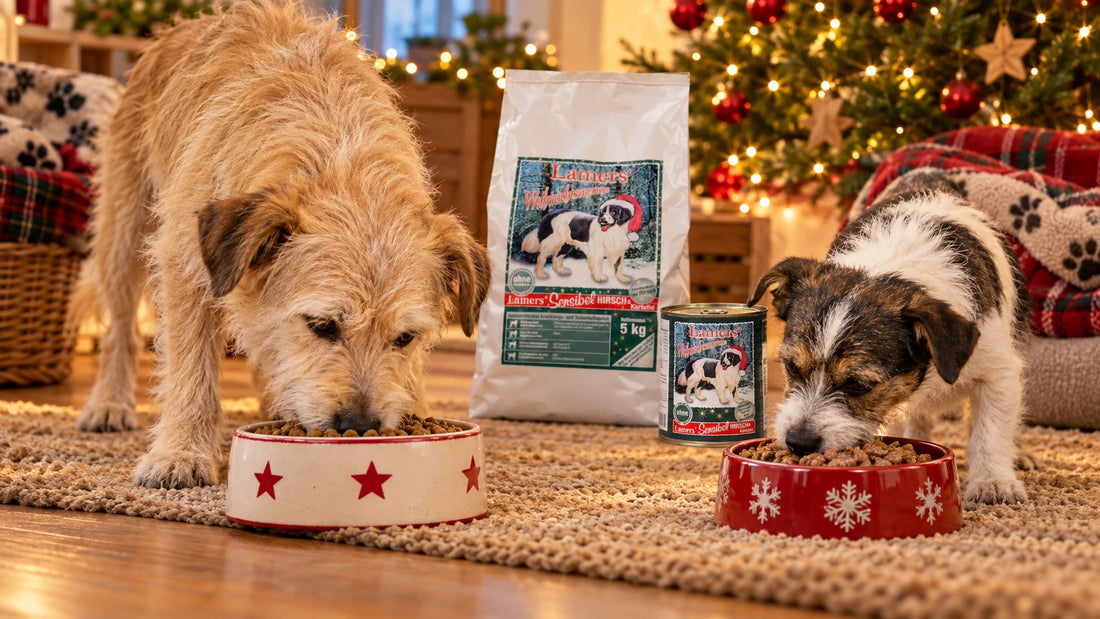 Zwei Hunde fressen Lamers Weihnachtsmenü Hirsch & Kartoffel als Trocken- und Nassfutter vor dem Weihnachtsbaum