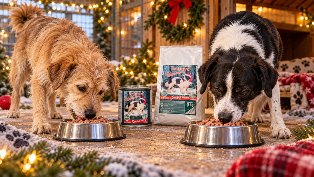Zwei Hunde genießen Lamers Weihnachtsmenü Nassfutter in winterlicher Weihnachtsdeko