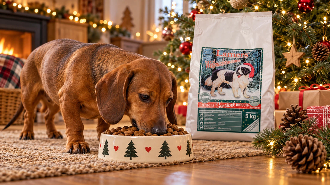 Dackel frisst Lamers Weihnachtsmenü Hirsch & Kartoffel Trockenfutter unter dem Weihnachtsbaum