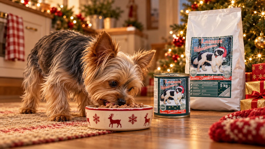 Yorkshire Terrier frisst Lamers Weihnachtsmenü Nassfutter aus einem Napf mit Rentiermotiv