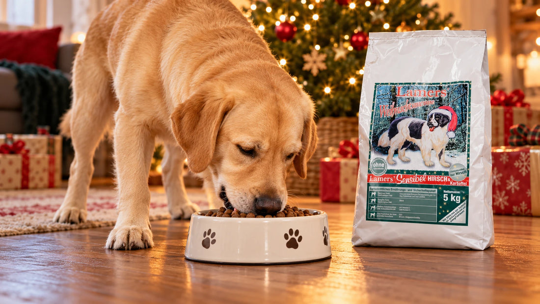 Labrador frisst Lamers Weihnachtsmenü Trockenfutter neben dem 5-kg-Sack vor dem Weihnachtsbaum